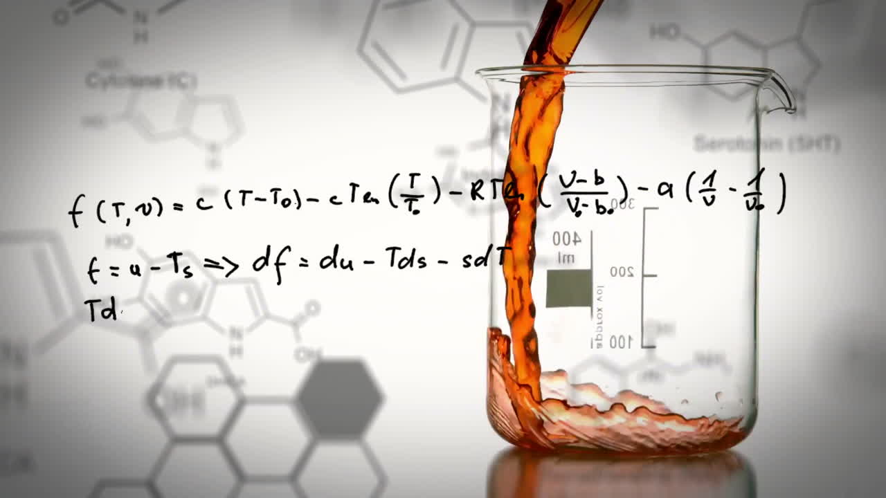Animated lab beaker fills with colored liquid amid chemical formulas and data.