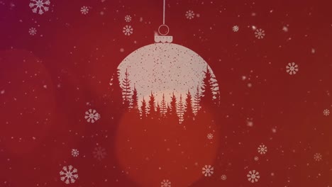 Animation-Einer-Weihnachtskugel-über-Schnee,-Der-Auf-Roten-Hintergrund-Fällt