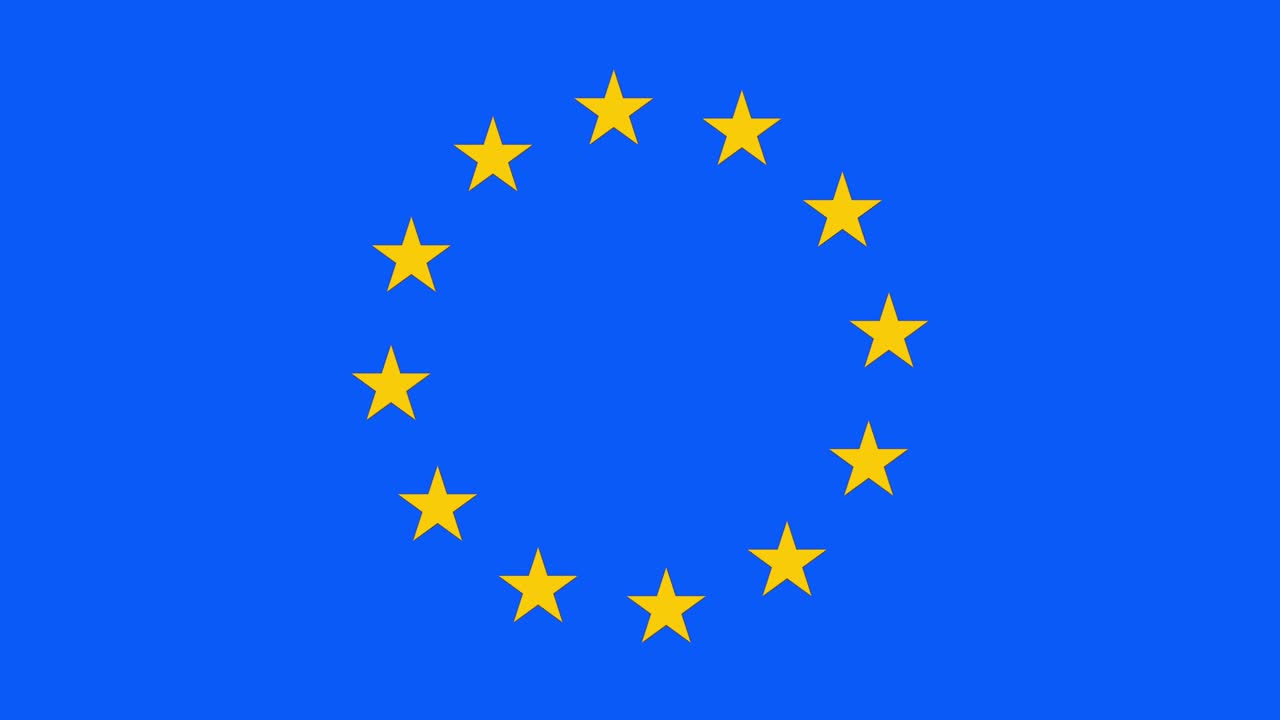 Bandiera animata dell'Unione Europea. Cerchio di stelle che si espande