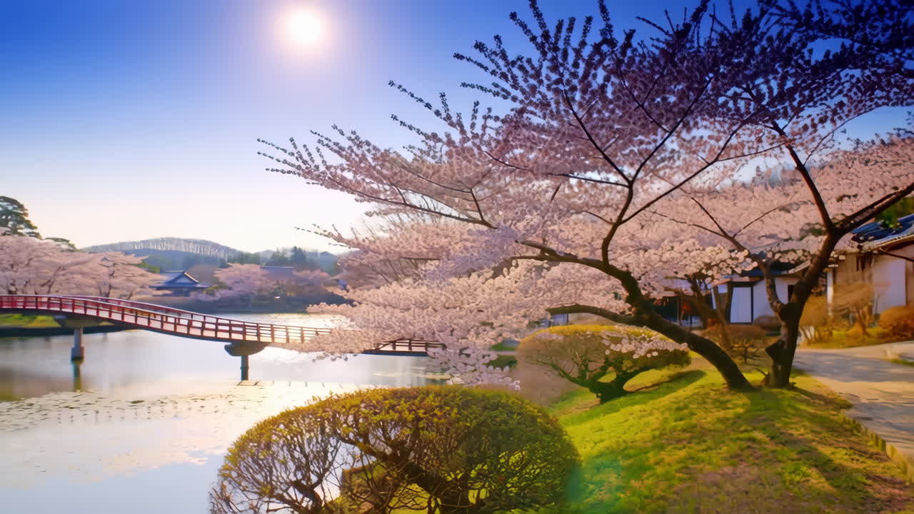 Japanese Garden with Cherry Blossoms and Red Bridge