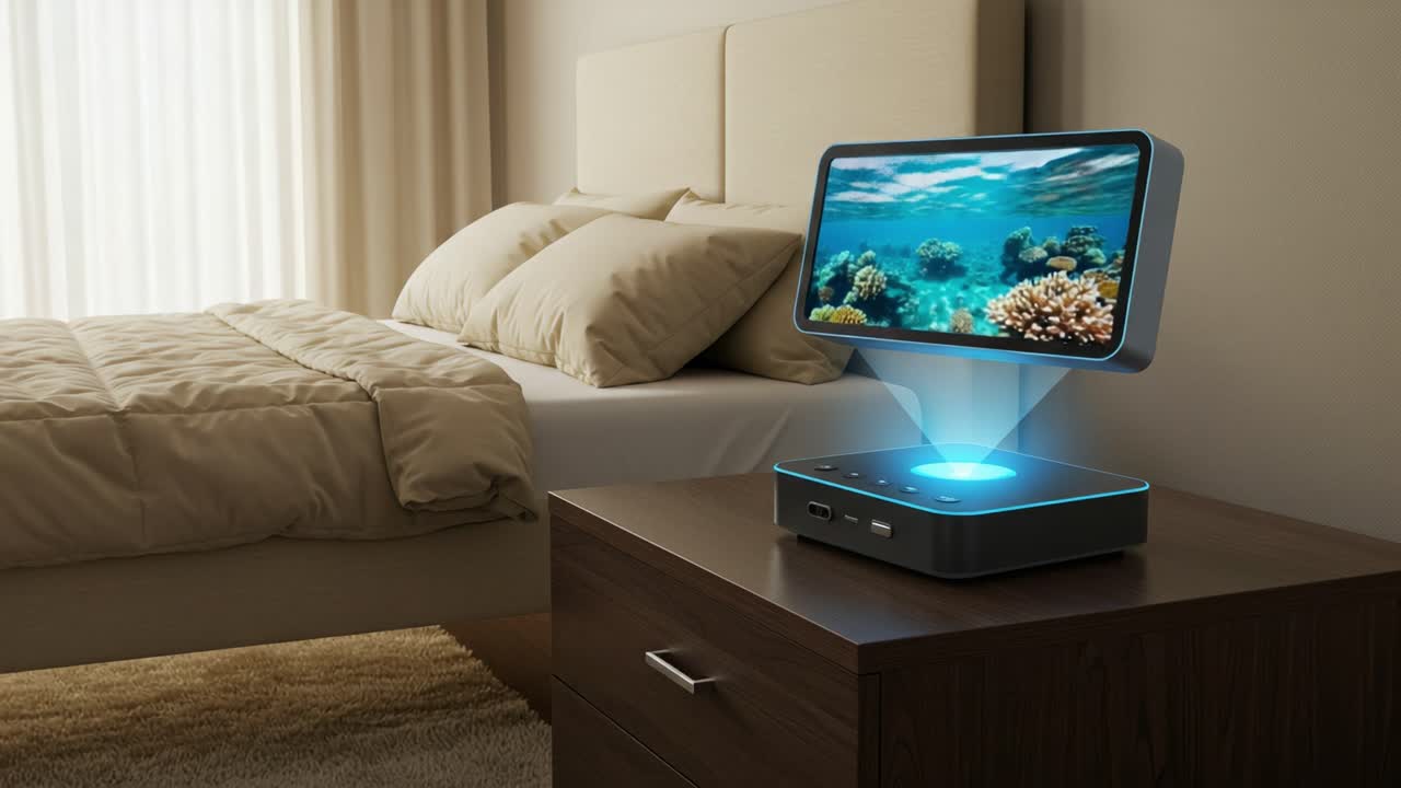 Innovative Home Entertainment: A Stylish Projection Device Displaying Underwater Scenes in a Modern Bedroom Setting with Cozy Decor