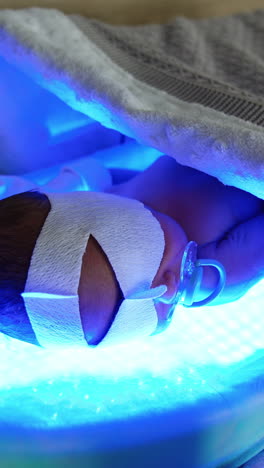 naked newborn child lies on the ultraviolet lamp. the child is treated from jaundice. vertical video