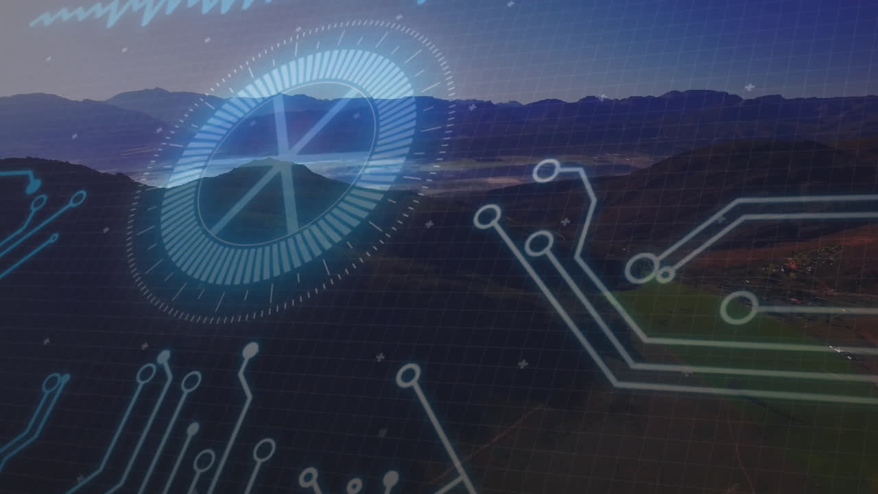 placa de circuitos y animación de interfaz digital sobre el paisaje montañoso