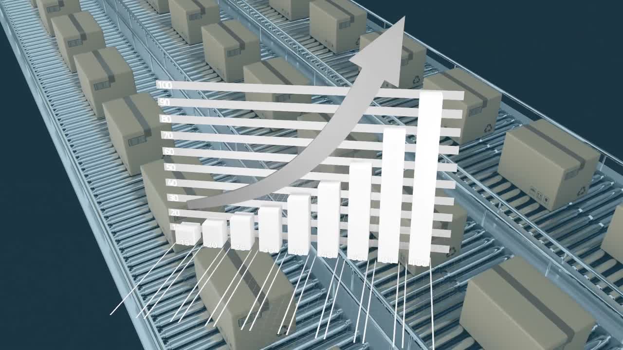 파란색 배경에 대한 컨베이어 벨트에 있는 여러 상자에 대한 통계 데이터 처리