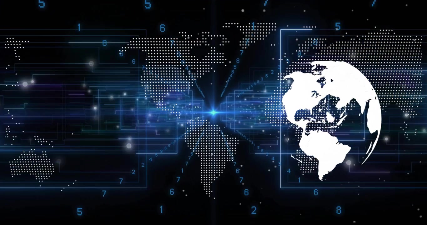 Dotted map starting neon-blue circuits pulsing while 3D globe rotates eastward for data display