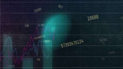 animación de números cambiantes y procesamiento de datos estadísticos contra un planeta en el espacio
