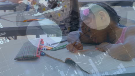 Animation-of-infographic-interface-over-tired-african-american-girl-slept-while-drawing-in-classroom