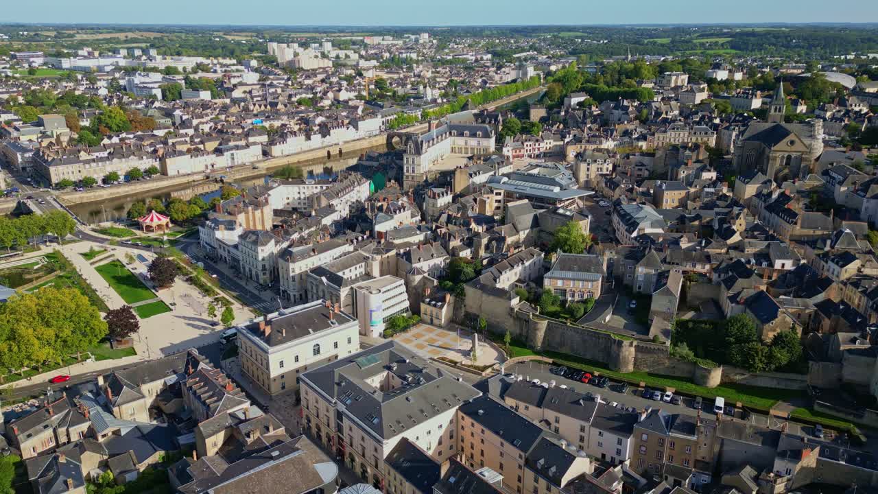 Aerial of central Laval showing Chateau Neuf and Cathedral Sainte Trinite from above