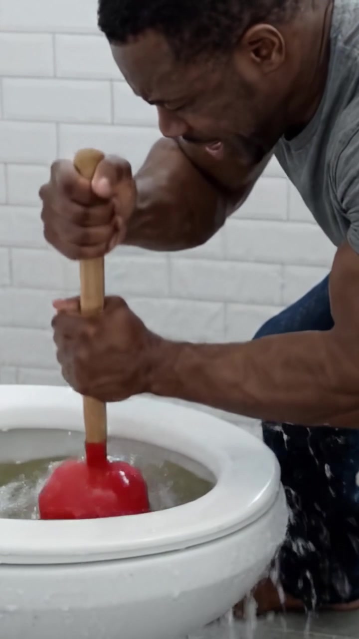 Alle prese con un WC intasato: Una persona che usa uno sturalavandini per sbloccare un'ostruzione in un lavandino del bagno con determinazione e sforzo