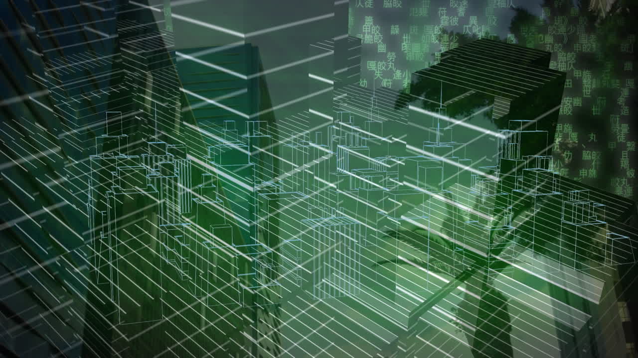 Animation of 3d city drawing spinning over cityscape