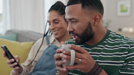 Relax,-coffee-and-phone-with-couple-on-sofa