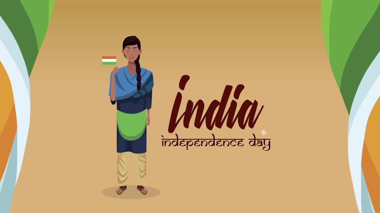 Tipografi Hari Kemerdekaan India dengan wanita mengibarkan bendera