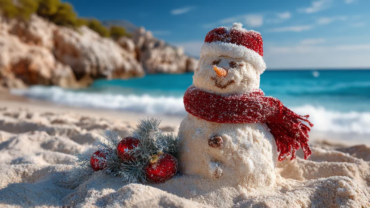 A cheerful snowman adorned with a festive red scarf and hat stands proudly on a sandy beach, surrounded by Christmas decorations and crystal-clear ocean waves in the background