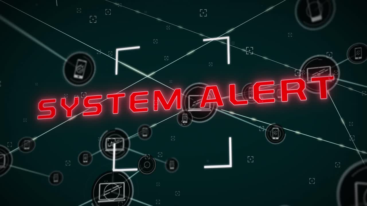 뷰파인더와 연결된 전화 및 노트북 아이콘을 가진 시스템 경고 텍스트의 애니메이션