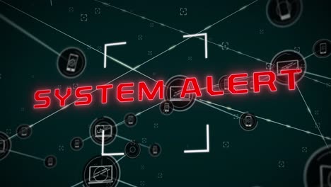 animación del texto de alerta del sistema con visor y iconos de teléfono y portátil conectados