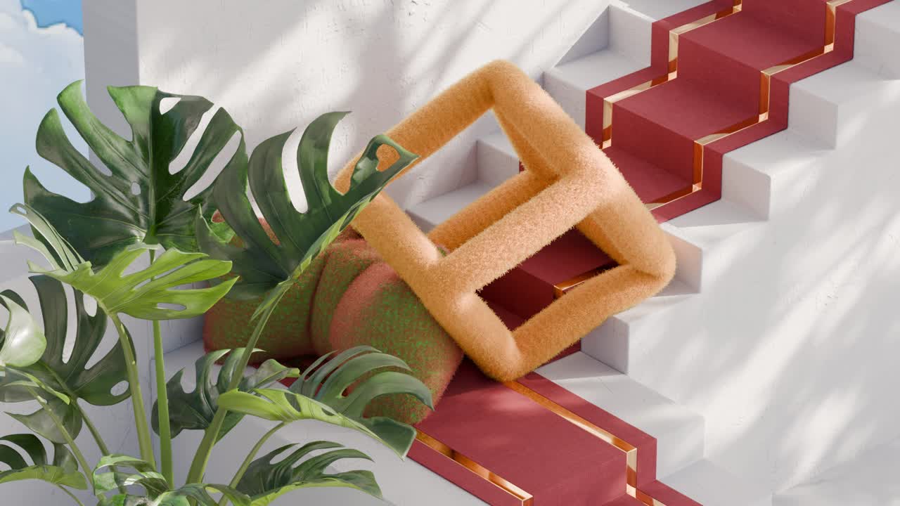 Modern Indoor Still Life with Monstera and Fuzzy Cube