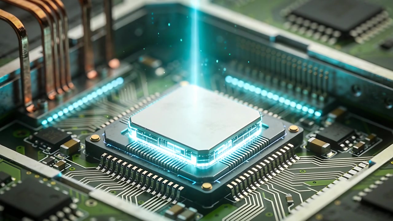 Modtager smal cyan stråle, central CPU starter op på printplade til test, LED'er lyser.
