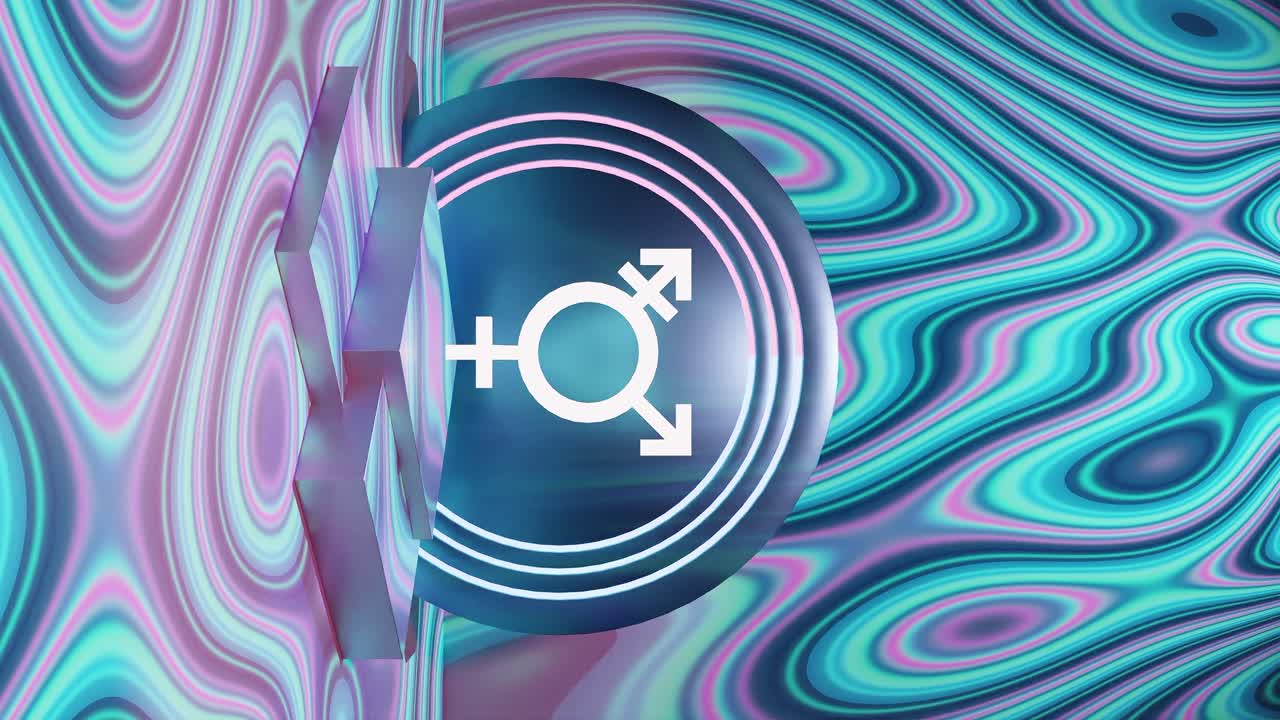 Transgender symbol on a podium with colorful blue wavy pattern background, vertical