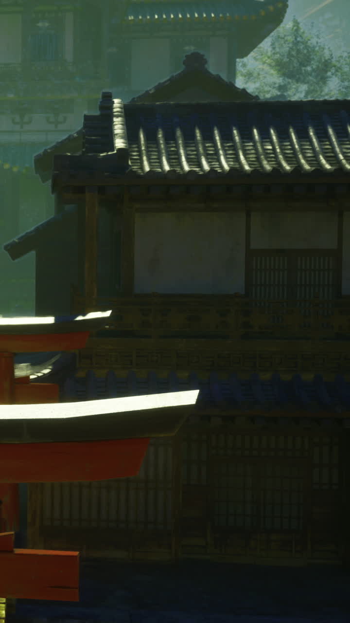Architettura tradizionale di edifici in stile est asiatico in un ambiente sereno.