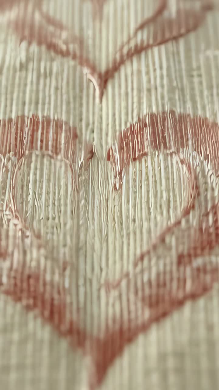 Video verticale: la camera scorre verso il basso mostrando un cuore rosa metallizzato su coste e fili color crema per i dettagli