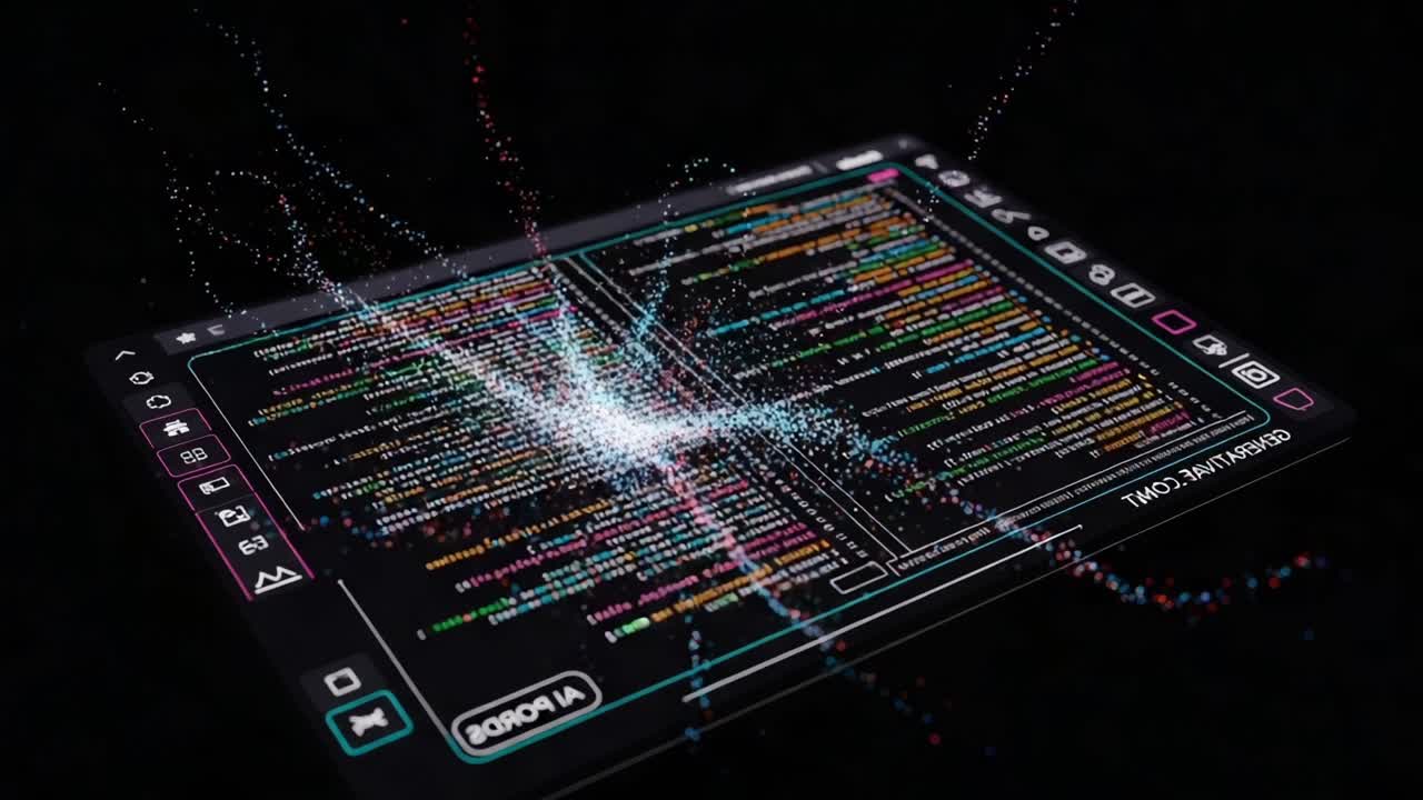 Dynamic Visualization of Code with Interactive Elements and Colorful Particle Effects in a Futuristic Digital Interface, Showcasing Advanced Programming Techniques