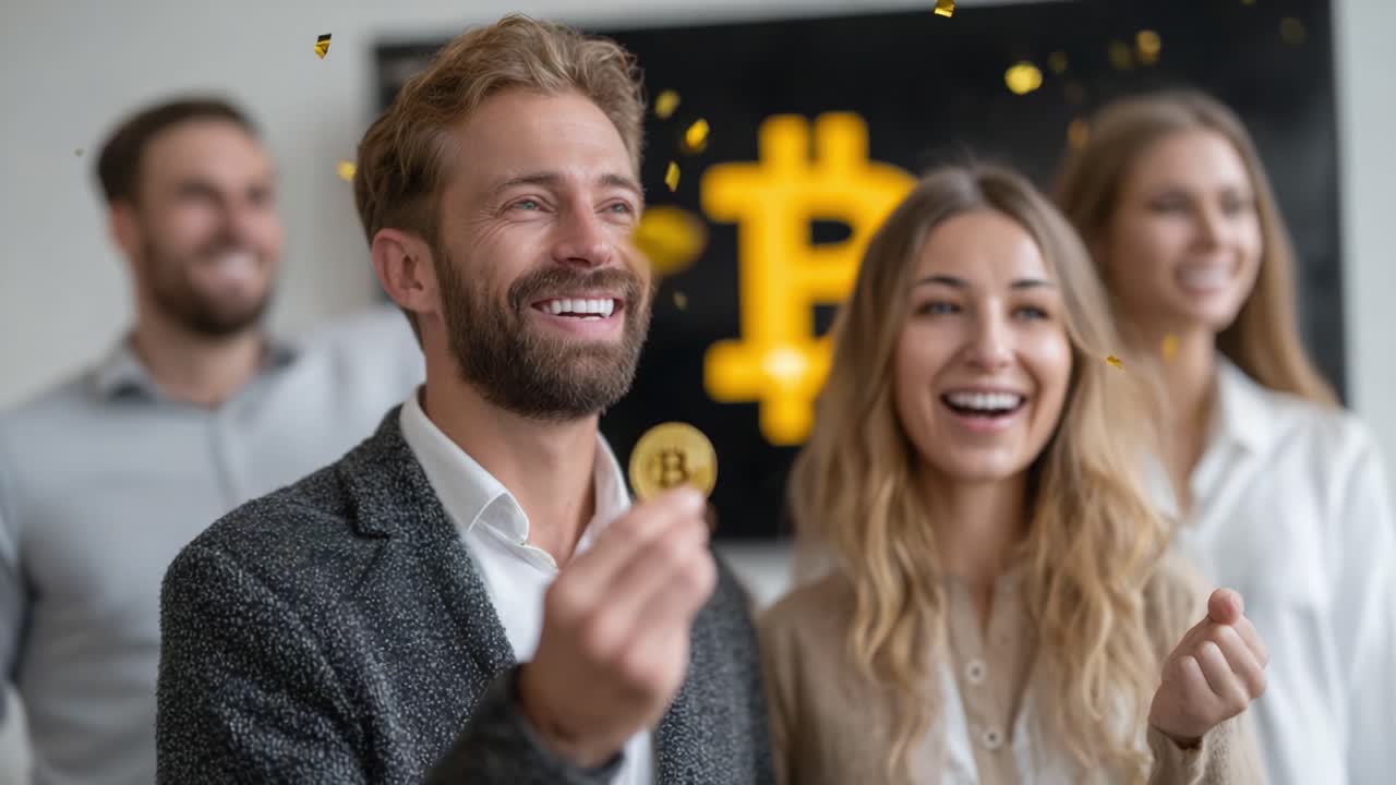 Festeggiamo il successo: un gruppo di amici felici festeggia con entusiasmo il proprio successo nel mondo delle criptovalute con monete Bitcoin e coriandoli in un ambiente moderno