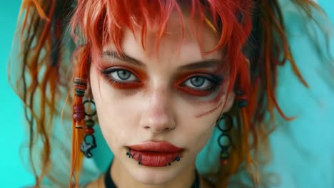 a woman with red hair and piercings on her face