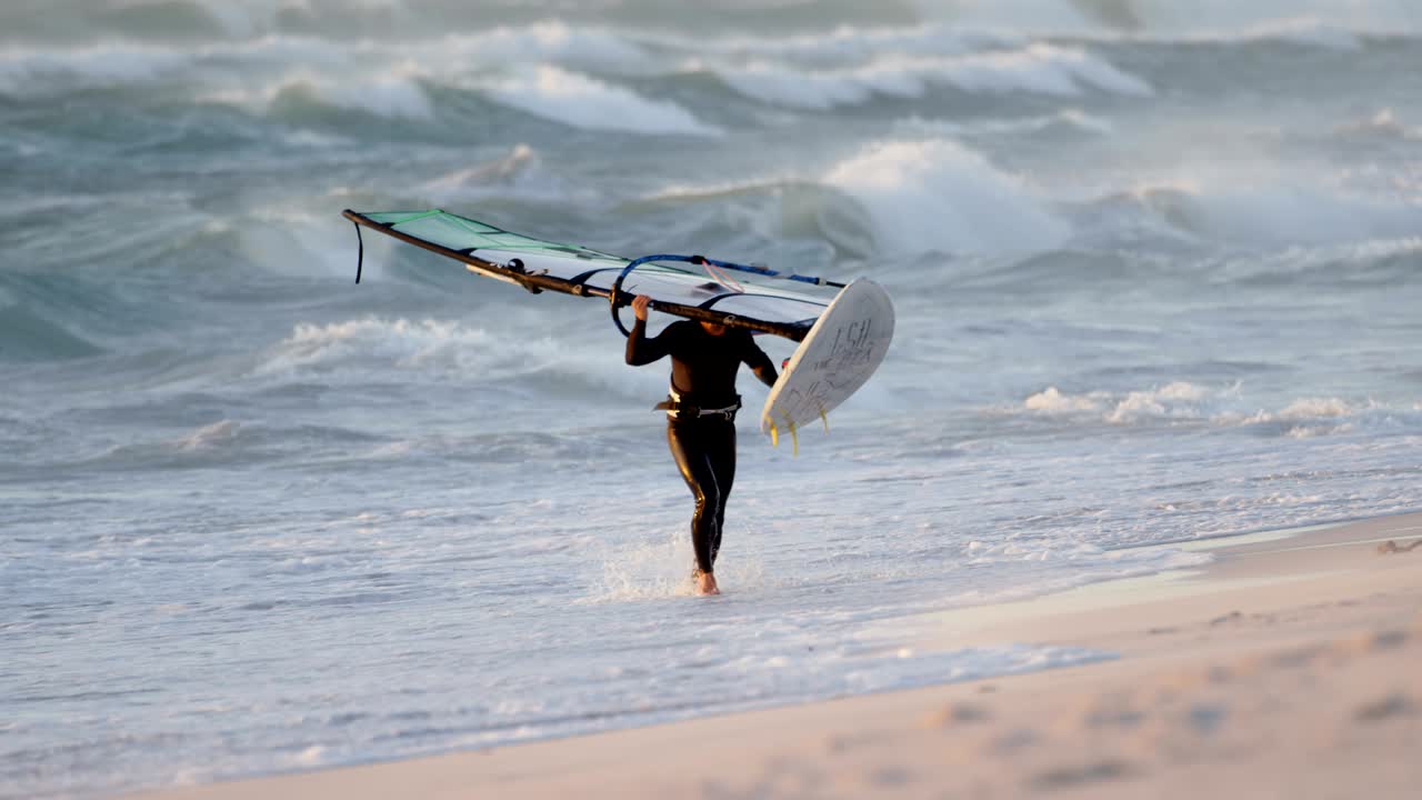 surfista masculino llevando windsurfista en la playa 4k