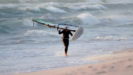 male surfer carrying windsurfer in the beach 4k