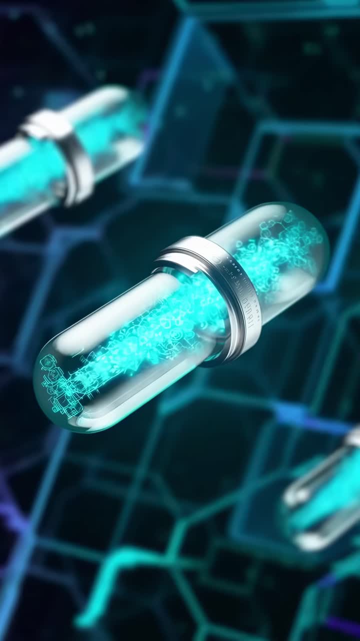 Concetto video futuristico di capsule luminose in una griglia digitale, ripreso in un primo piano