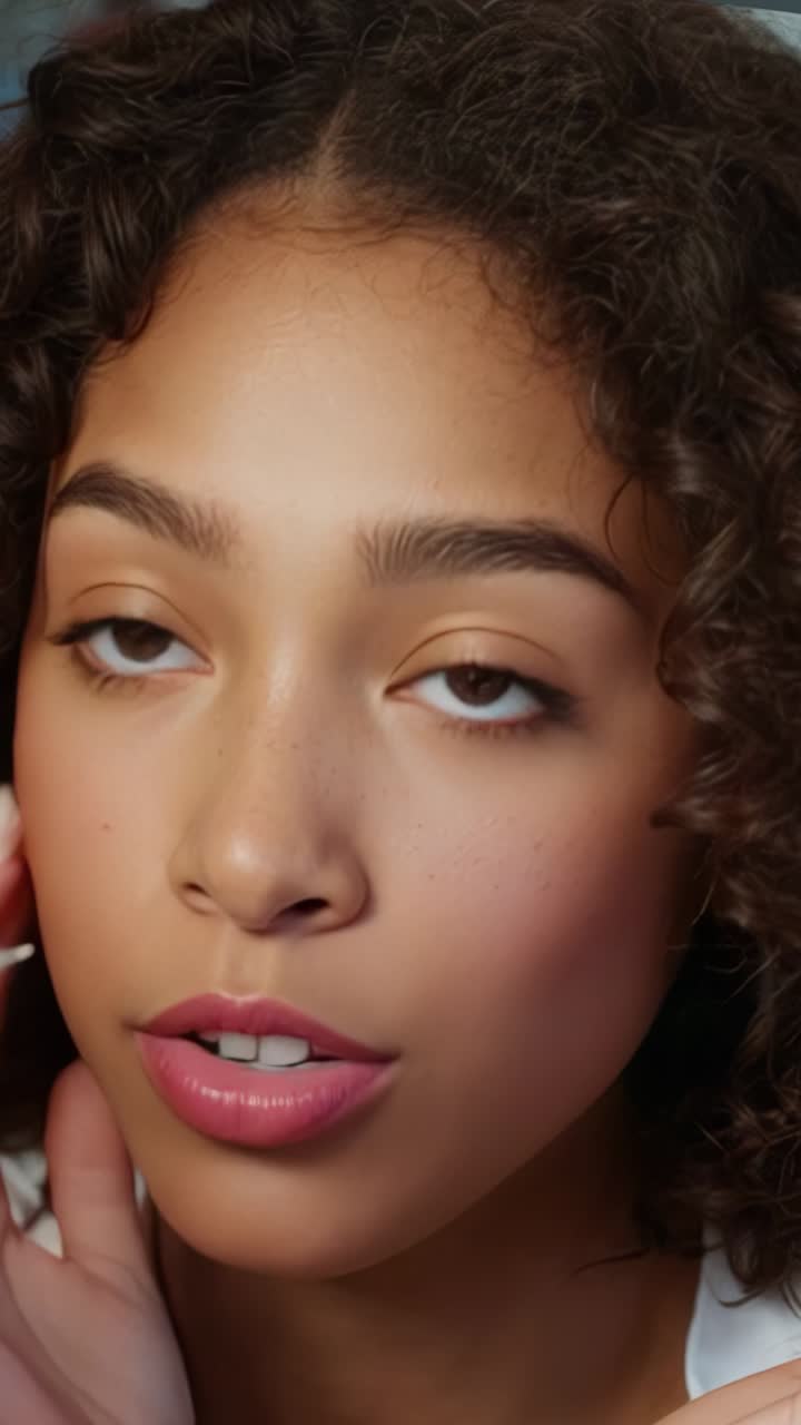 Vertical video: Closeup framing presenter showing under-eye skincare in studio with fingertips
