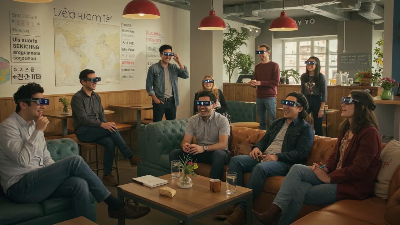 Group Discussion with VR Glasses: Innovative Meeting Experience in a Modern Workspace, Engaging Communication in a Casual Atmosphere
