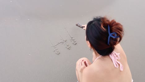 해변 모래에 "안하세요"를 따라 그리는 사람.