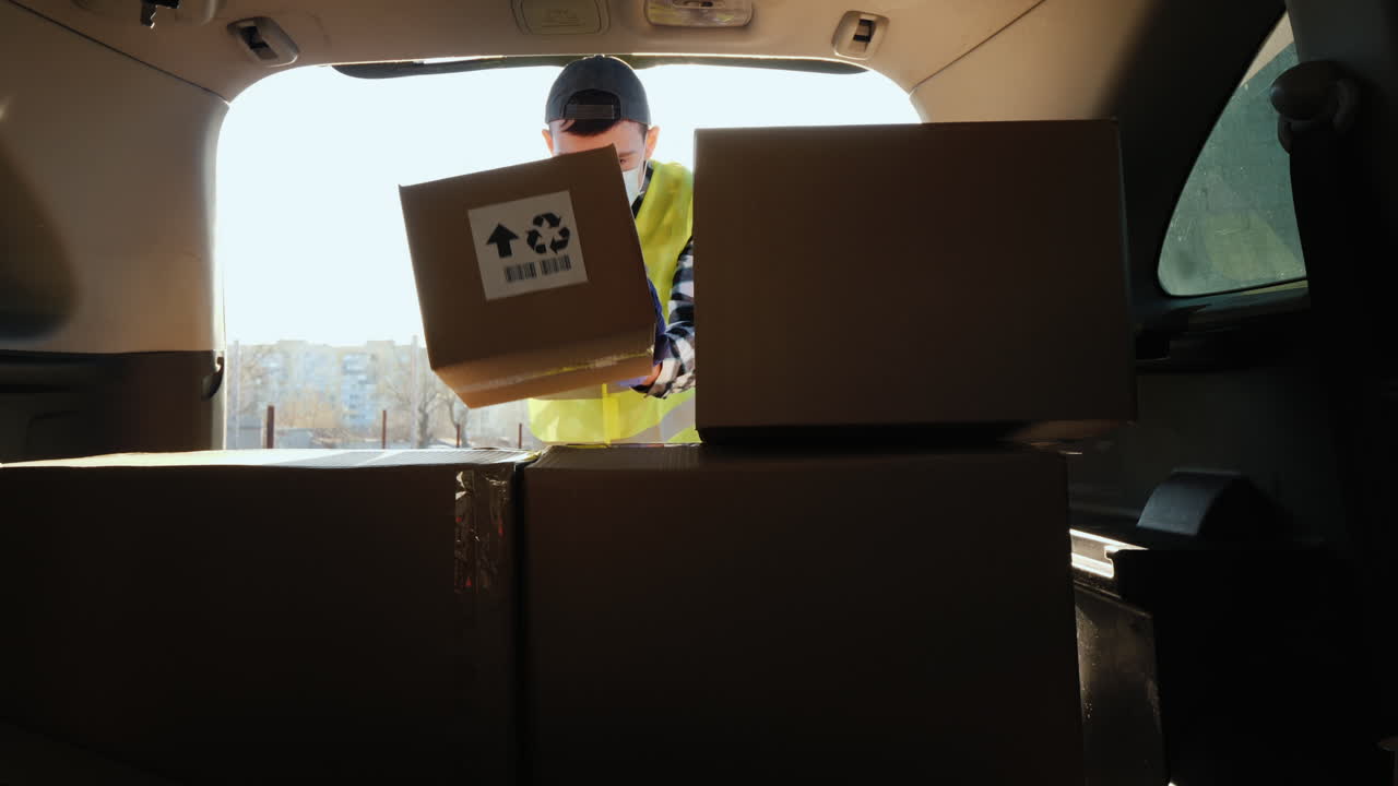 un joven con una máscara médica carga cajas de medicamentos en el maletero de un camión