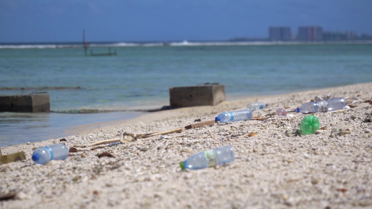 Bottiglie di plastica trasparenti e verdi scartate giacciono sulla sabbia corallina grossolana con legno e piccoli detriti, mentre l'acqua turchese della laguna bagna la costa tropicale.