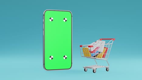 a realistic 3d animation video showing a shopping cart sliding into the scene with a large drop of products stack in concept, sale and discount marketing promotion on greenscreen.