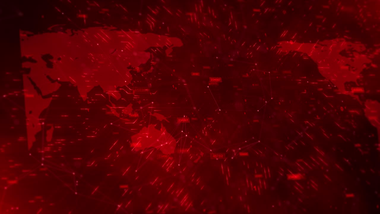 Rote Weltkarte, Erd-Hologramm, rotierend, digital, globales Netzwerk, Daten, Metaverse, Partikel, Kreise, Linien