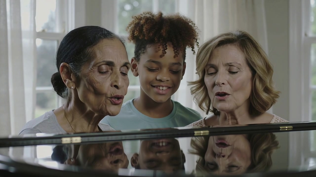 Singing two seniors in light tops, child in teal tee practicing at home, grand piano reflecting