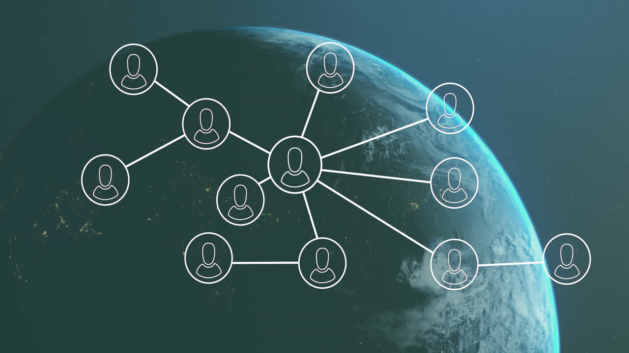 animación de la red de iconos digitales y procesamiento de datos en todo el mundo