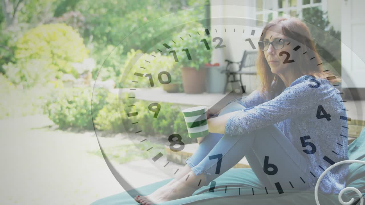Transparent clock overlay starting movement while woman sipping mug on porch tracking wellness