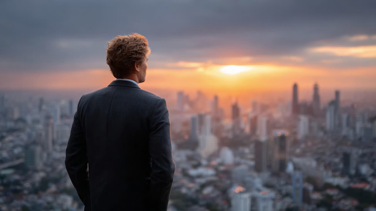 A businessman gazes at a vibrant city skyline during twilight, where the last rays of the sun meet towering skyscrapers, embodying ambition and reflection