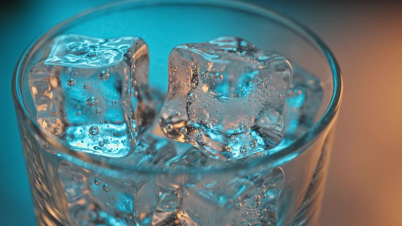 Un primo piano di cubetti di ghiaccio scintillanti che vengono messi in un bicchiere, creando bolle e schizzi d'acqua sotto effetti di luce soffusa e colorata.