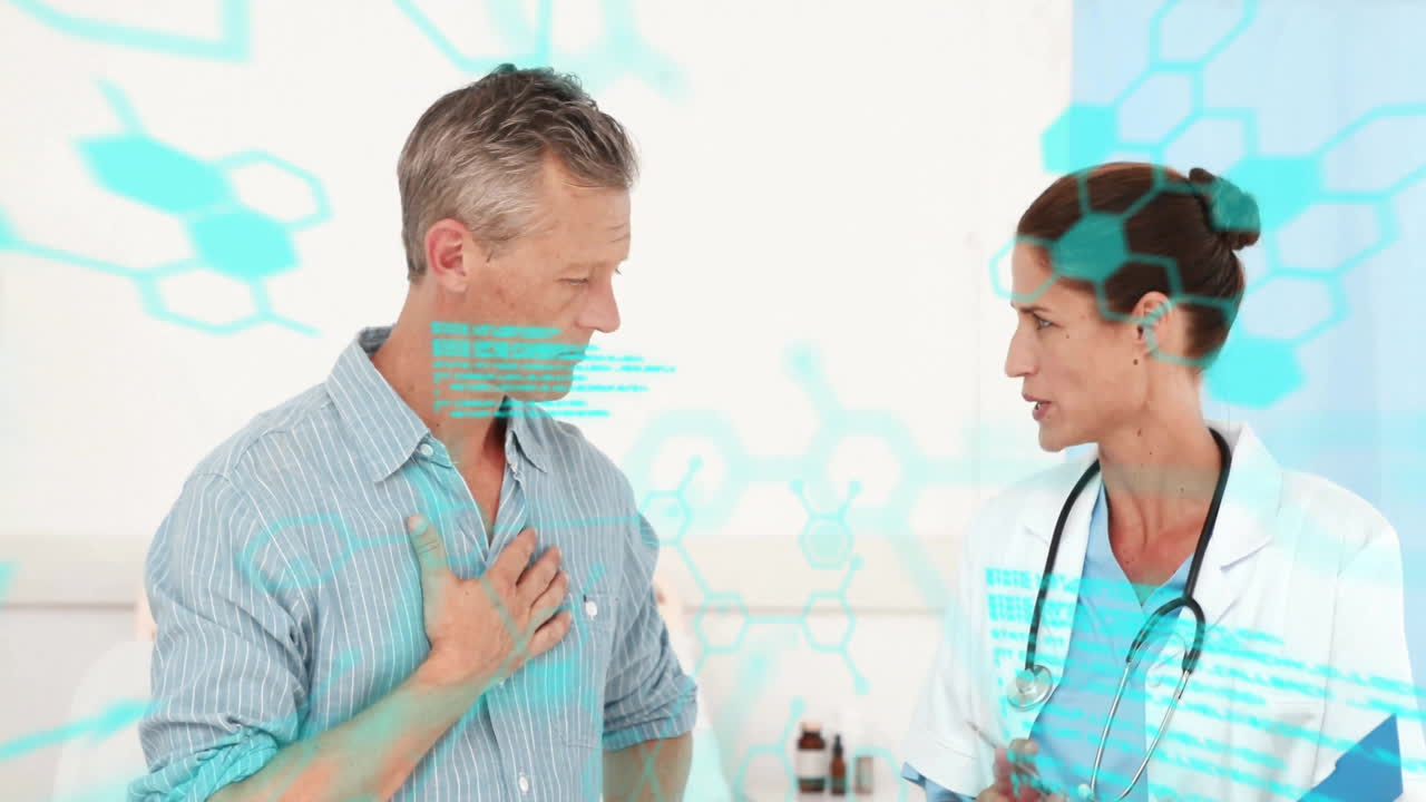 Animation of data processing and chemical formula over caucasian female doctor talking with patient