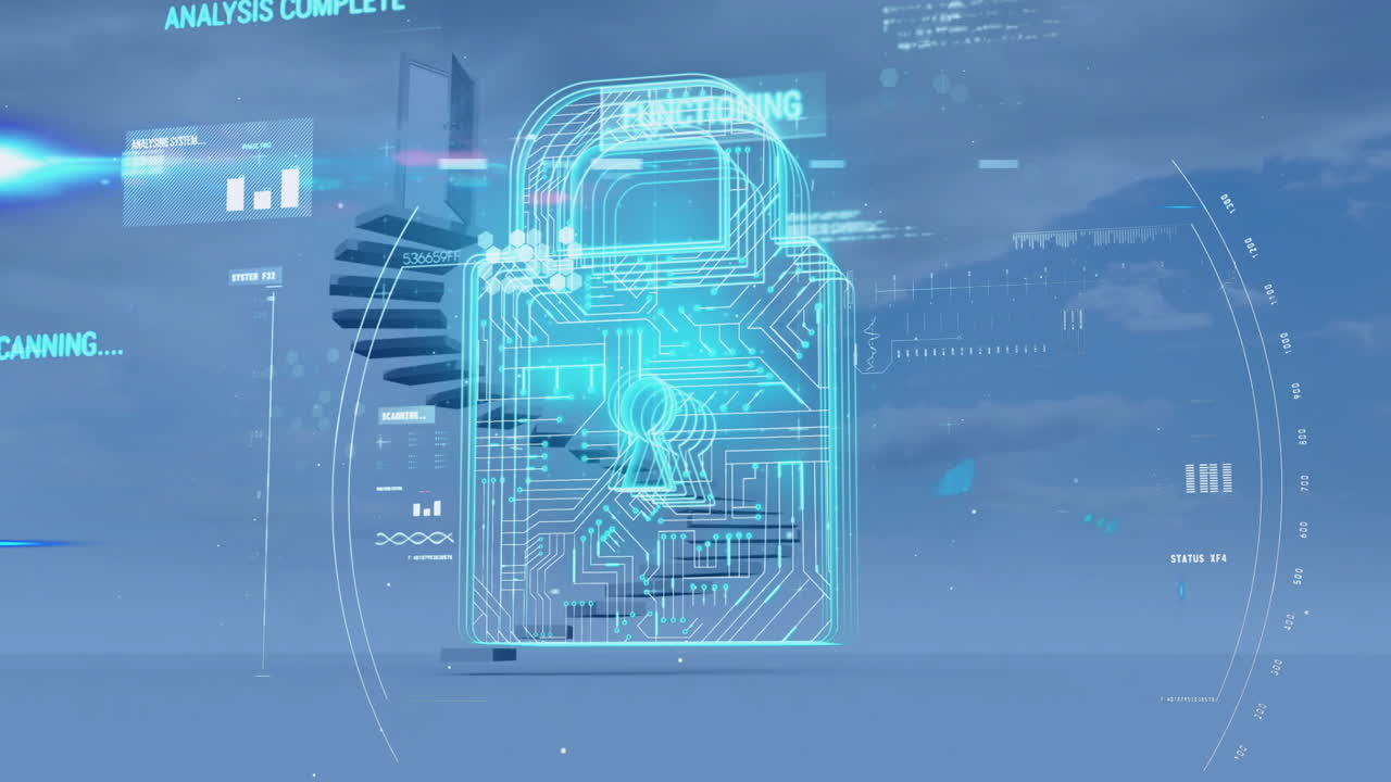 Digital lock and data processing animation over futuristic cityscape background