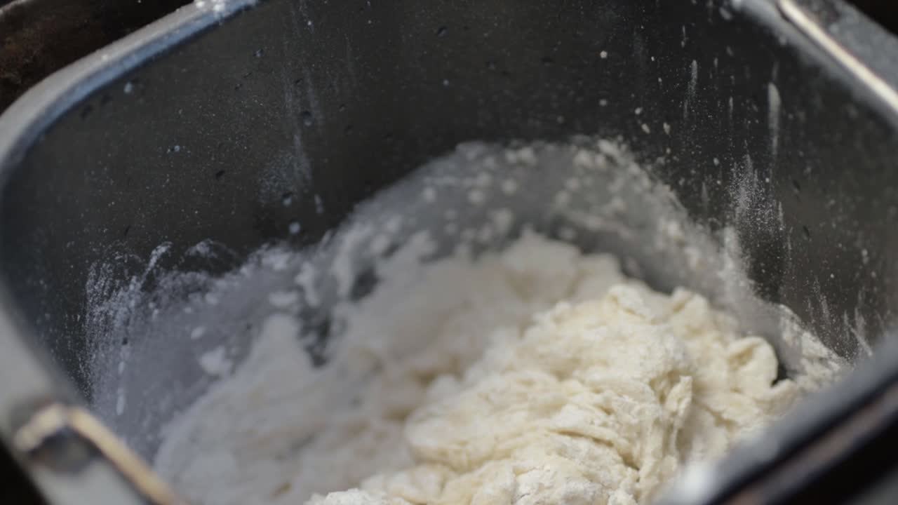 Bread machine mixing flour and ingredients in pan