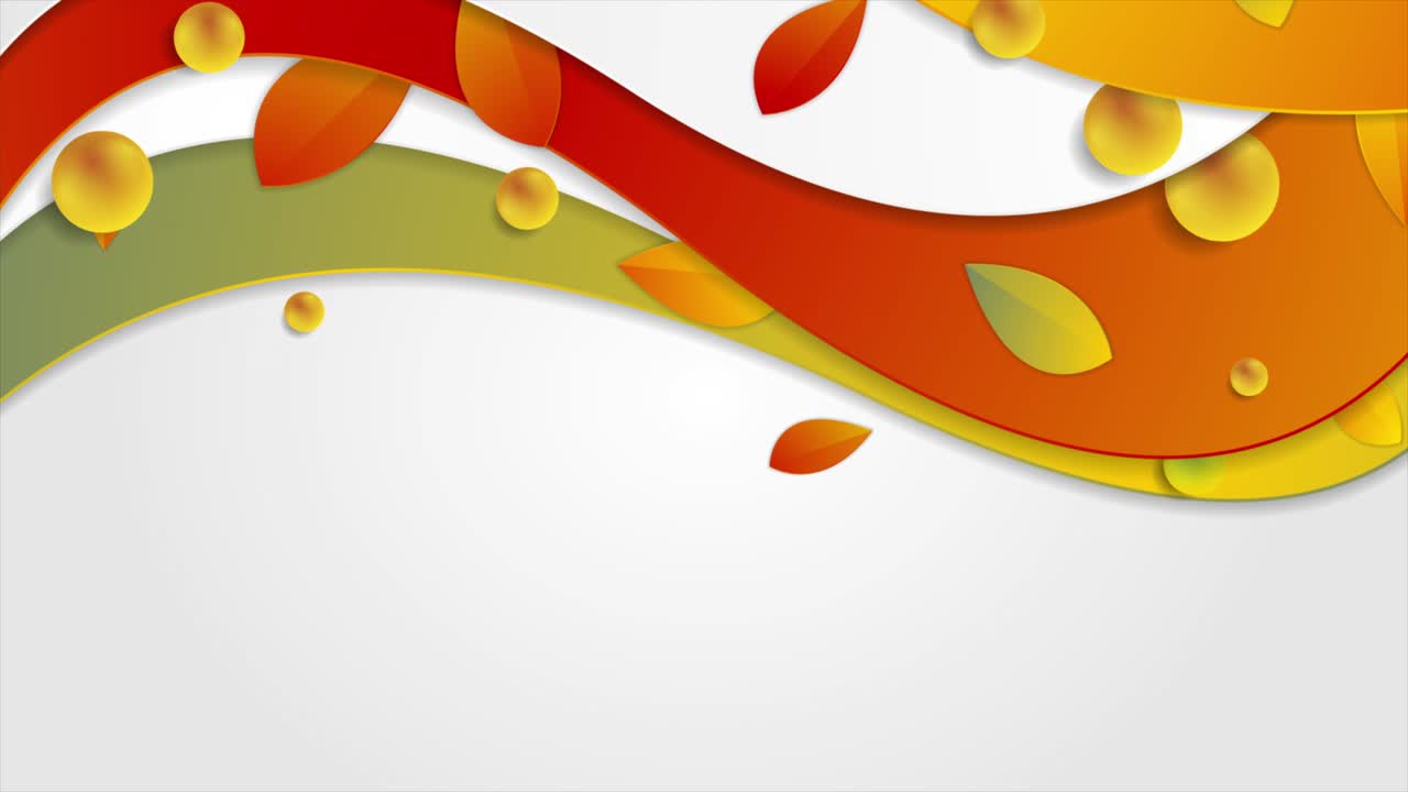 Bright autumn wavy motion background with leaves and glossy beads