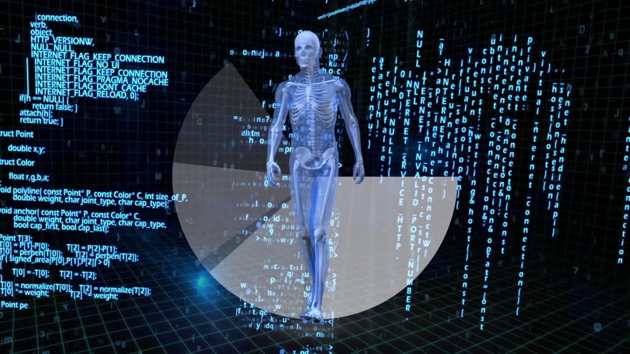 Skeleton walking with binary code on background