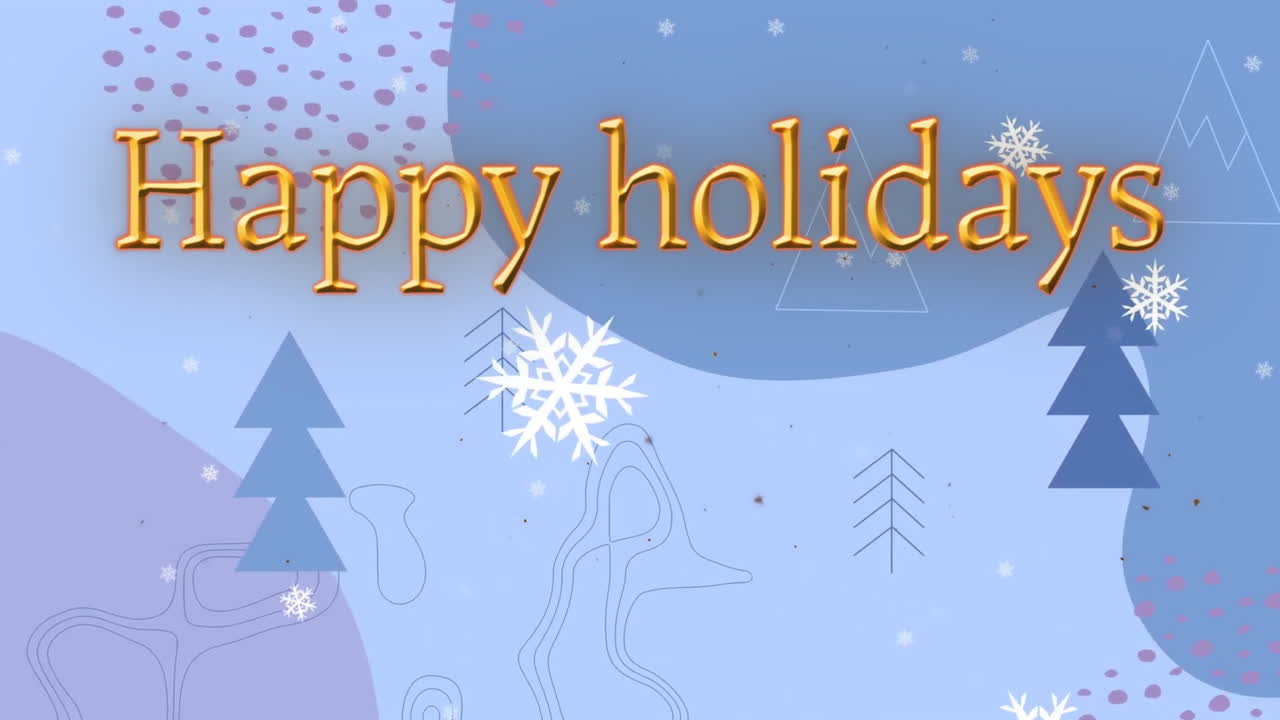 행복한 휴일의 애니메이션 텍스트와 눈이 파란색 배경에 크리스마스 나무 위에 떨어지는