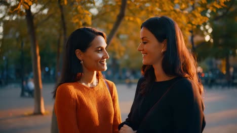 two women enjoying a conversation in an autumn park