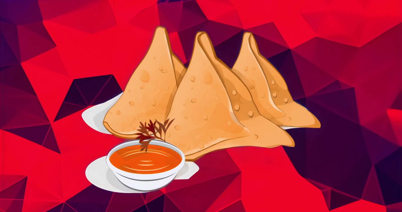 On start scene showcasing triangular pastries with sauce over polygon backdrop for snack branding